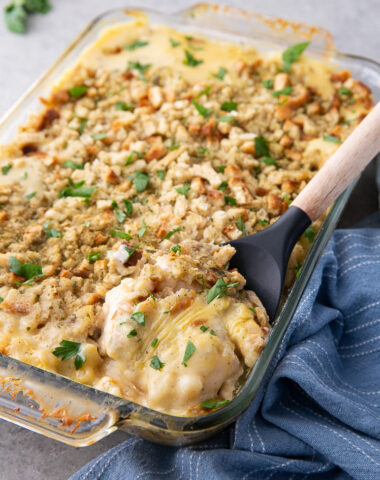 A casserole dish of chicken stuffing casserole