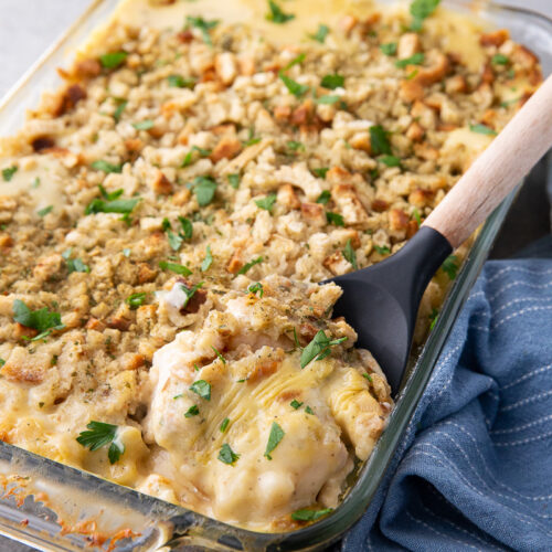 A casserole dish of chicken stuffing casserole