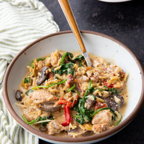 Slow cooker creamy Italian chicken and orzo pasta cooked to perfection over time.