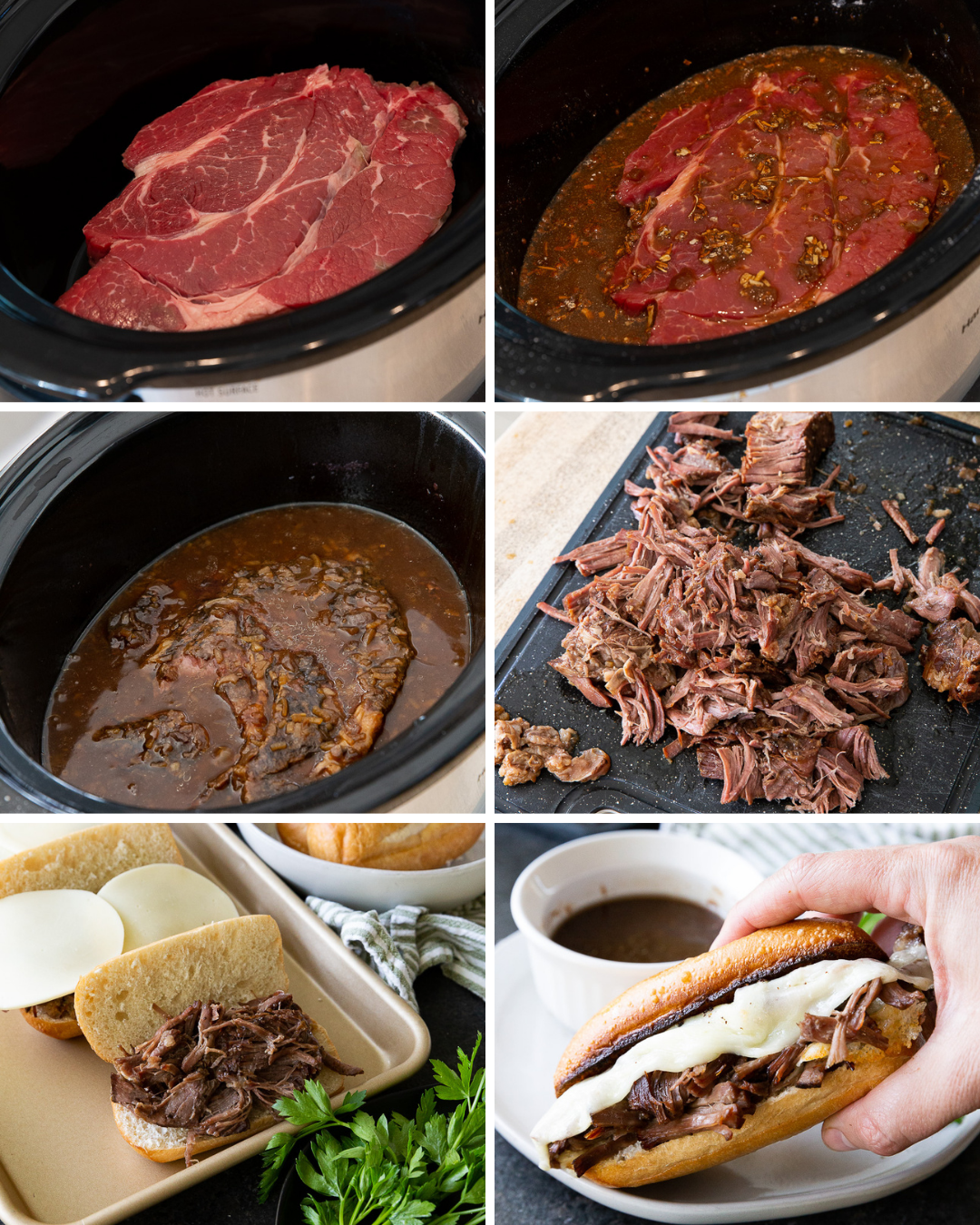 Process photos for making slow cooker french dip.