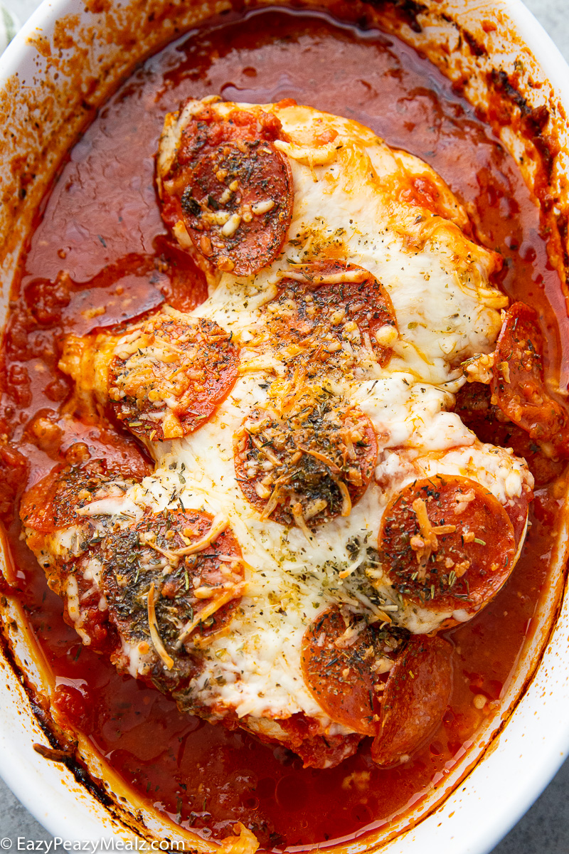 A baked chicken with pizza flavor vibes