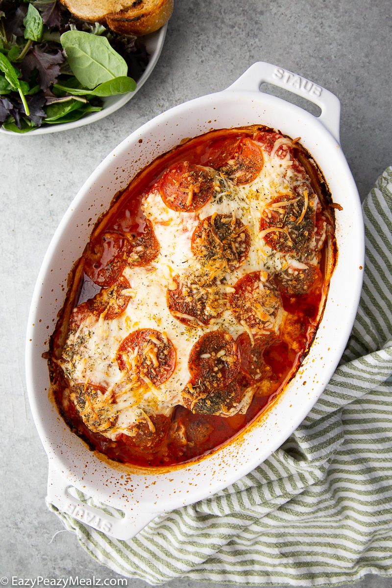 Amazingly simple and flavorful pizza chicken bake