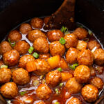 Slow cooker Hawaiian Meatballs, a sweet and sour style meatball made in the slow cooker.