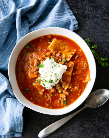 Slow Cooker Lasagna Soup, with a tasty ricotta topping