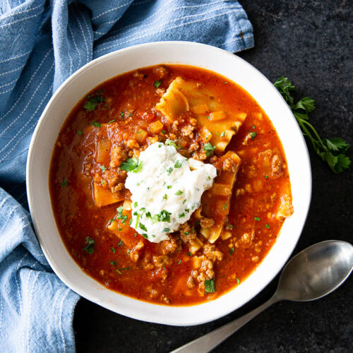 Slow Cooker Lasagna Soup, with a tasty ricotta topping