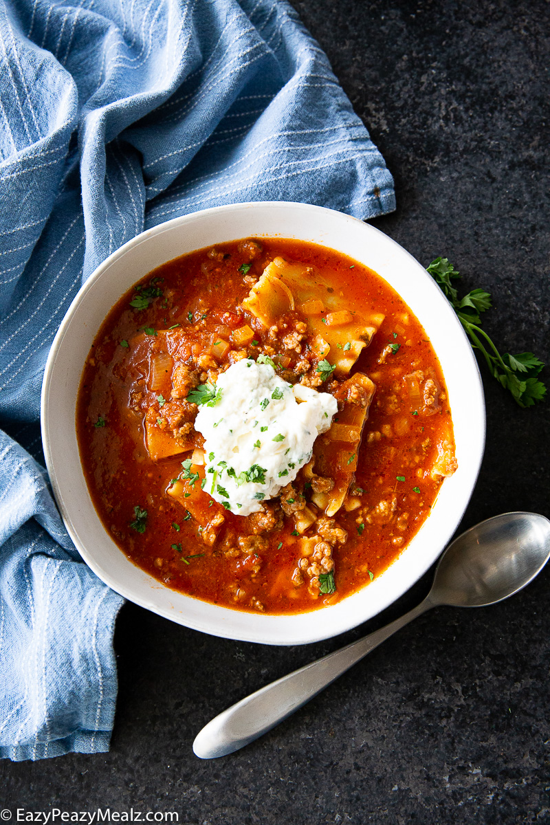 Slow Cooker Lasagna Soup, with a tasty ricotta topping