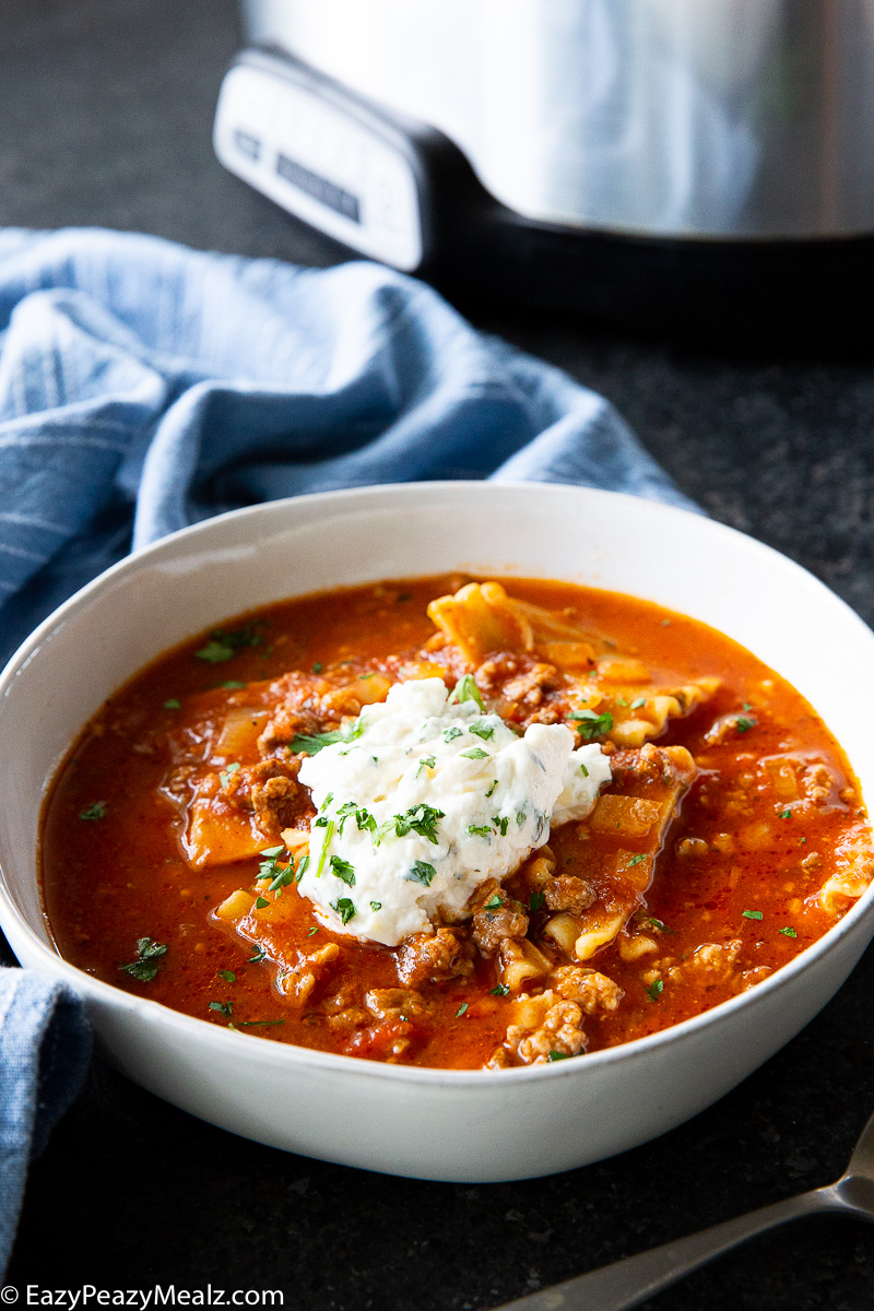 A bowl of slow cooker lasagna soup