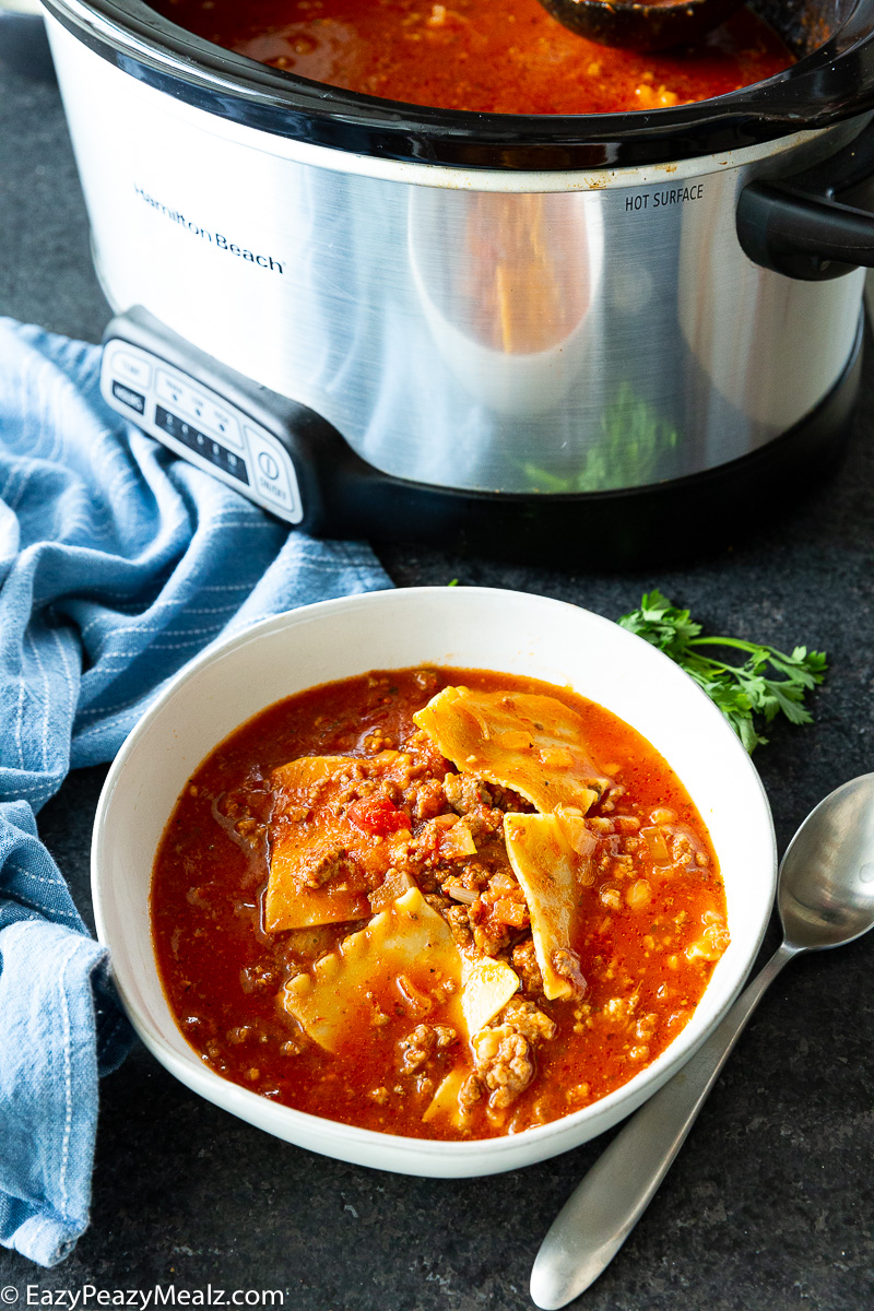 Slow cooker lasagna soup before it has been topped. 