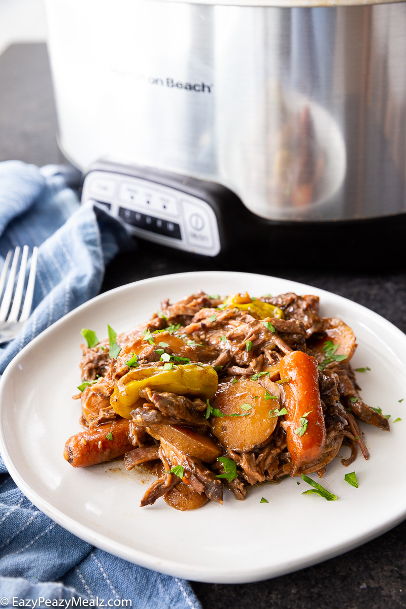 Slow cooker Mississippi Roast on a plate.