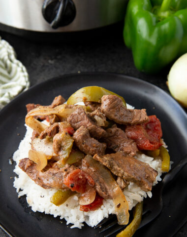 Slow cooker pepper steak cooked to tender perfection.