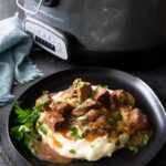 Slow cooker steak bites, a round steak cooked low and slow in the slow cooker with easy seasonings for a perfect meal