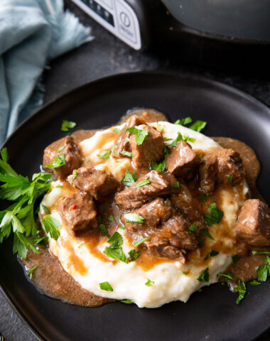 Slow Cooker Steak Bites, a tender, flavorful dinner with ten minutes prep
