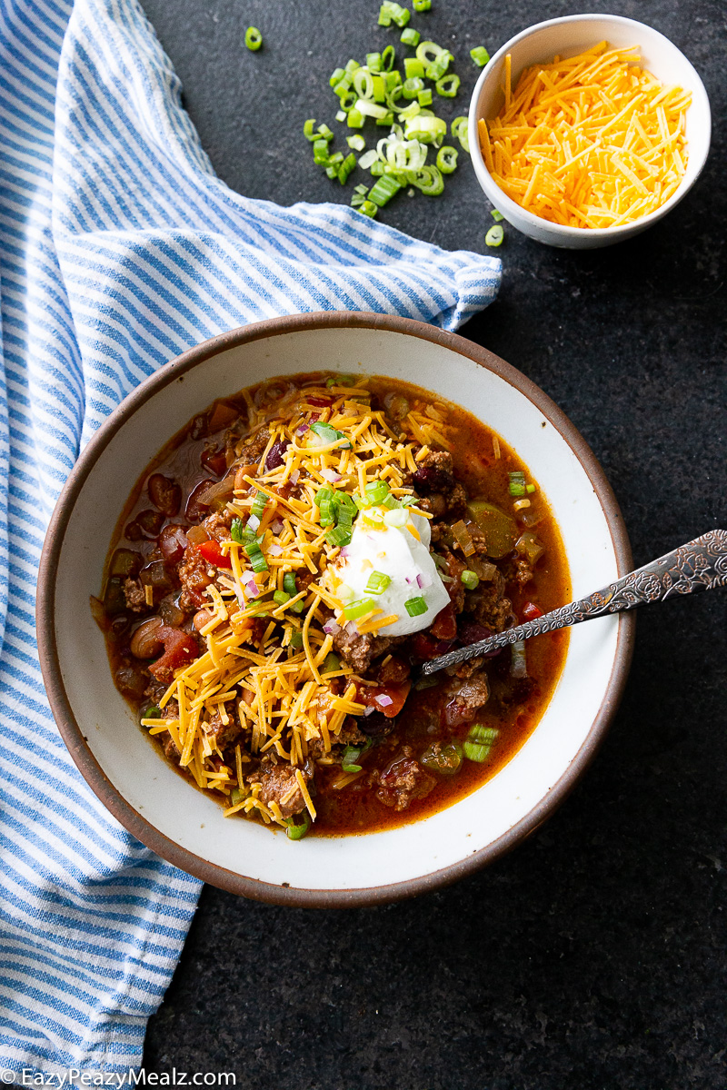 Slow cooker turkey chili is mega flavorful and so easy to make. A dump and go. 