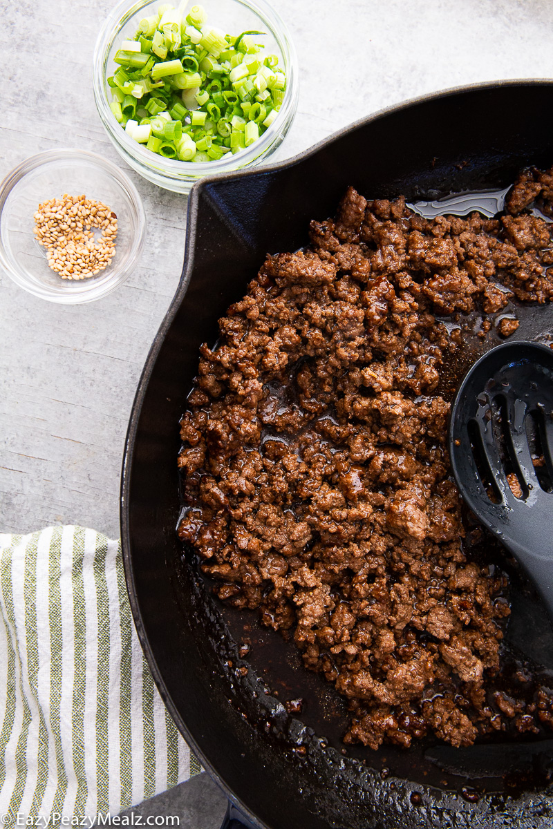 A skillet of teriyaki beef
