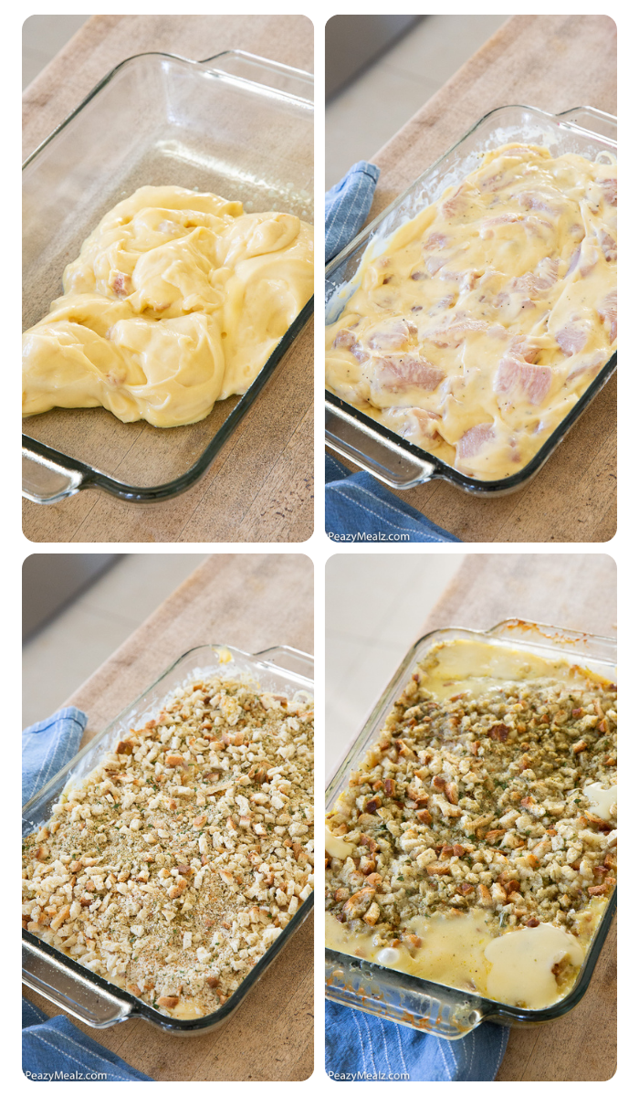 Process steps for making a chicken stuffing casserole.