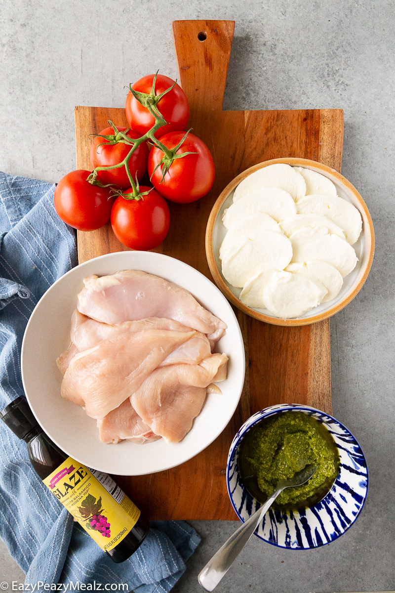Ingredients for a caprese chicken bake that is simple and flavorful
