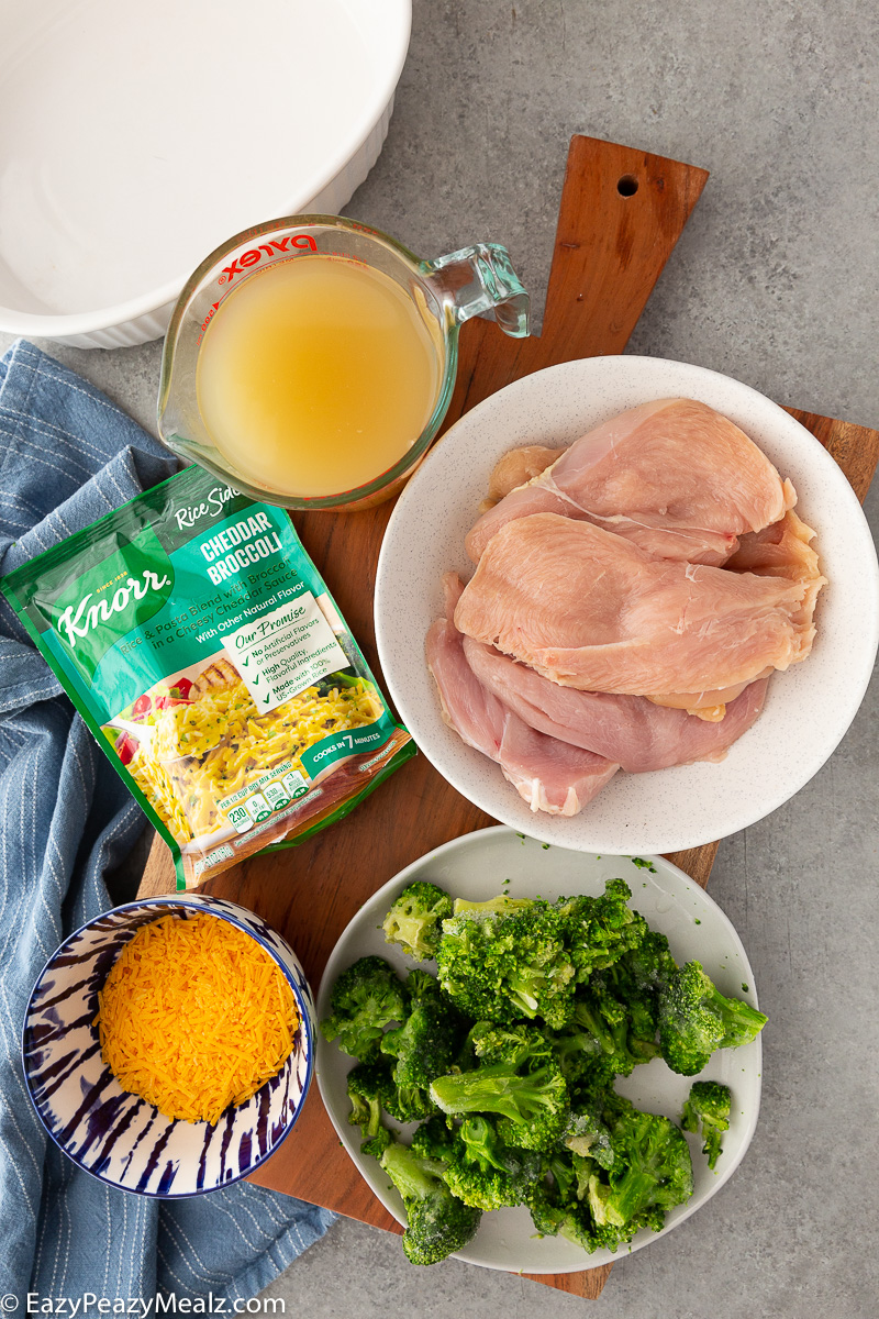 Ingredients needed for a chicken broccoli rice casserole
