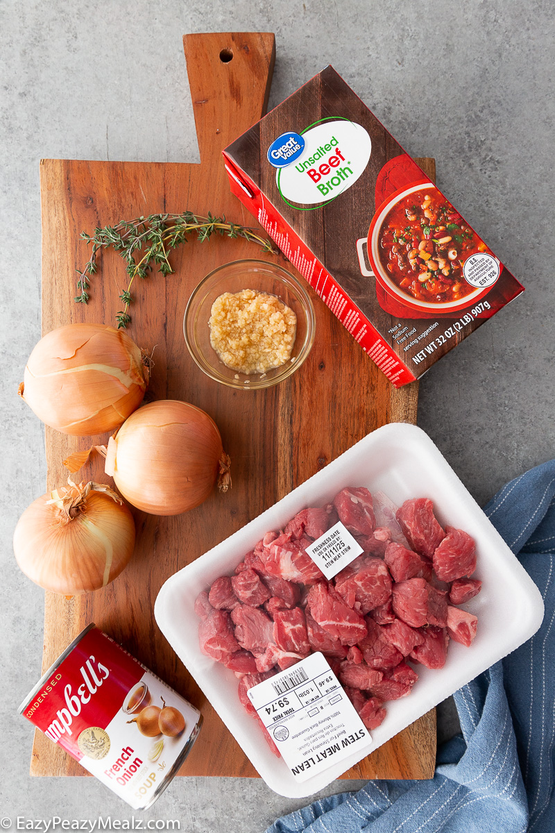 Ingredients needed for slow cooker french onion beef tips