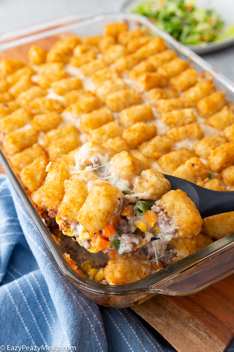 A delightful tater tot casserole.