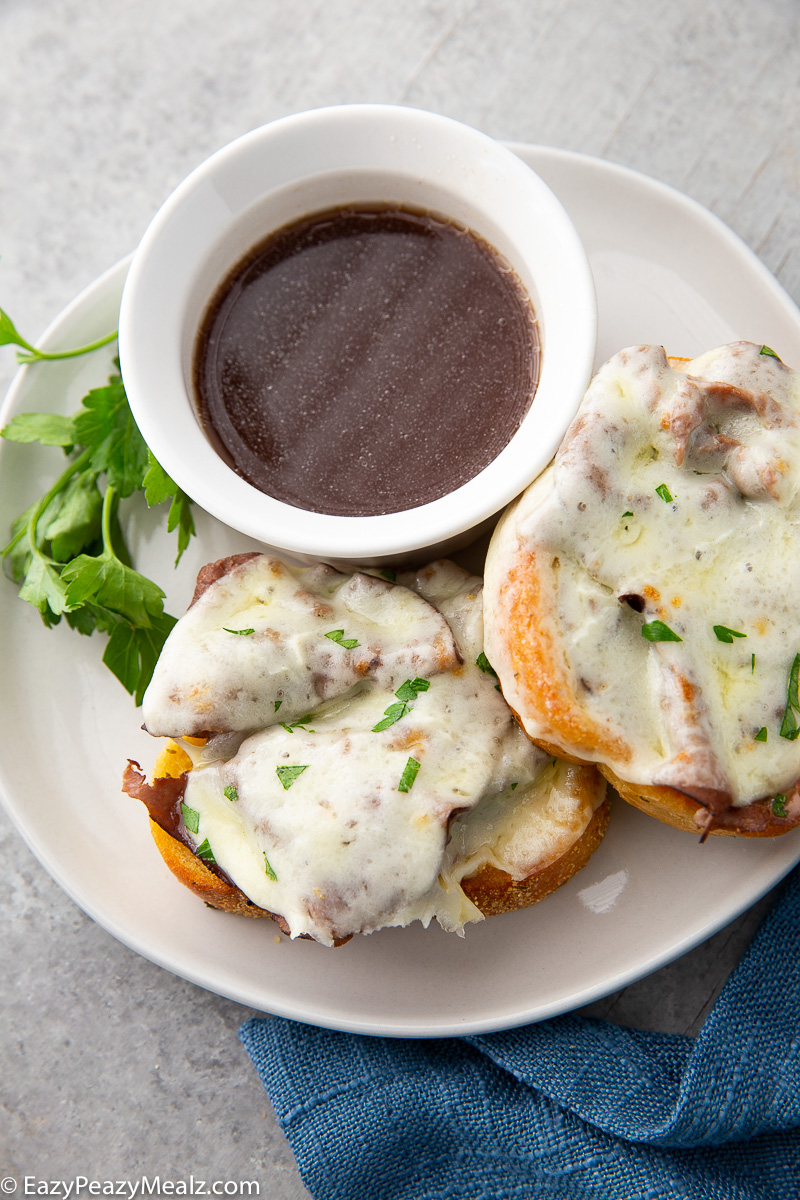 Texas toast french dip, a great open faced sandwich with au jus.