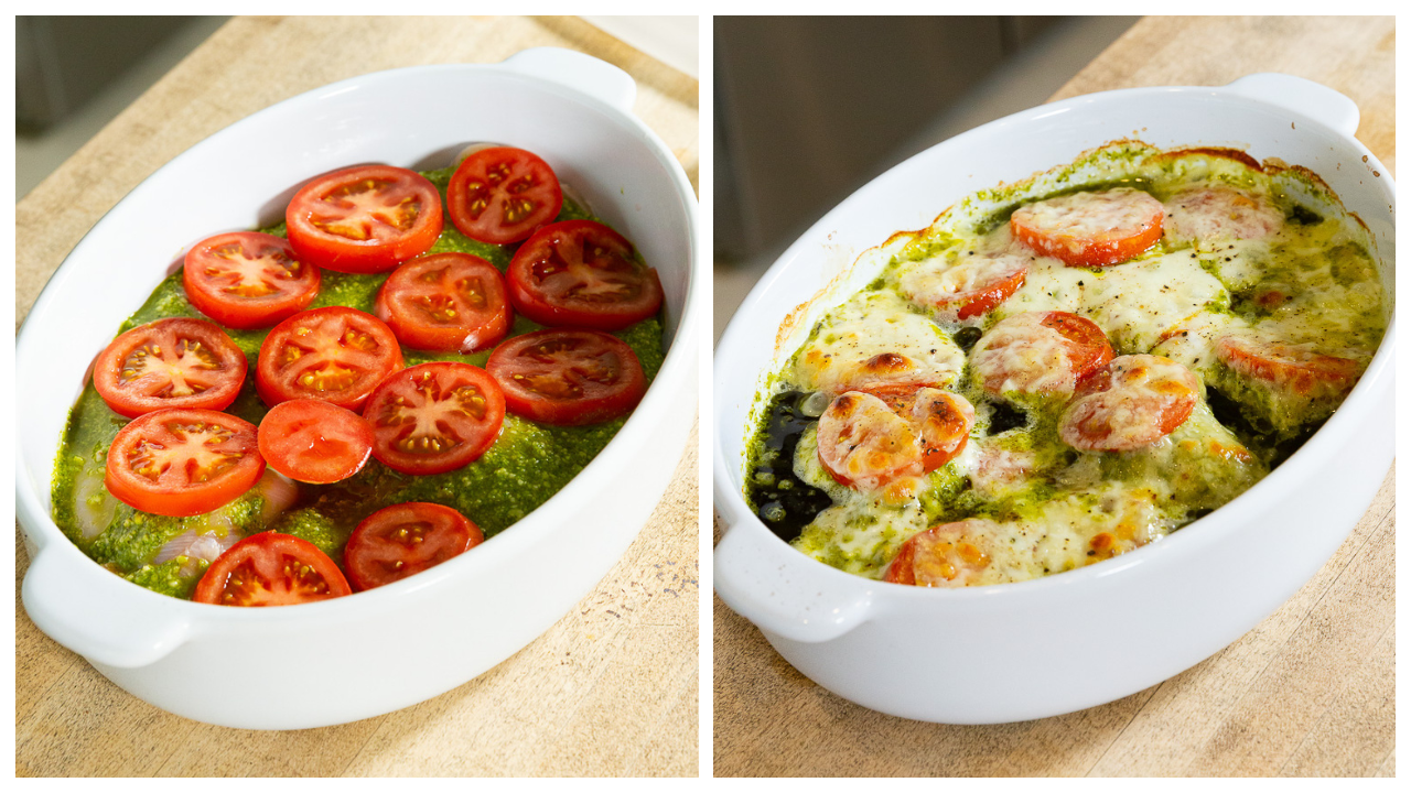 Caprese chicken baked in the oven. 