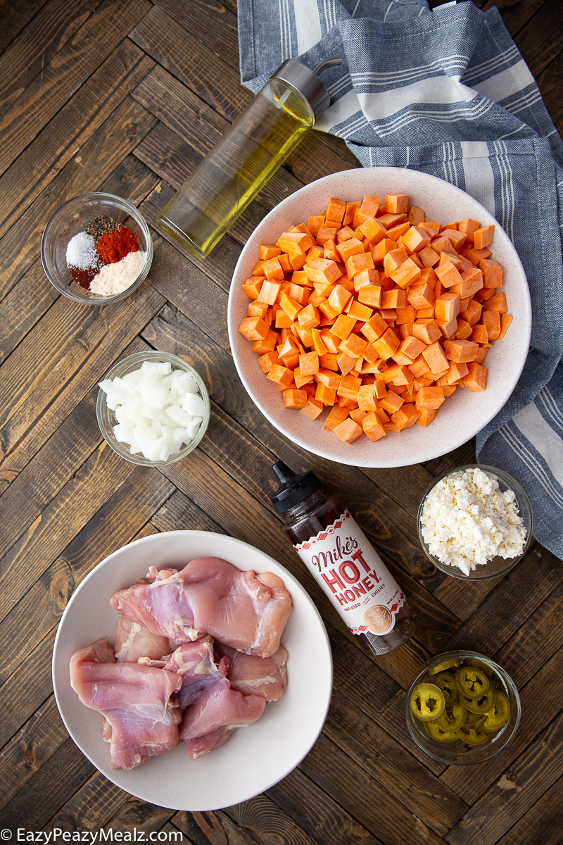 Ingredients for hot honey chicken and sweet potatoes