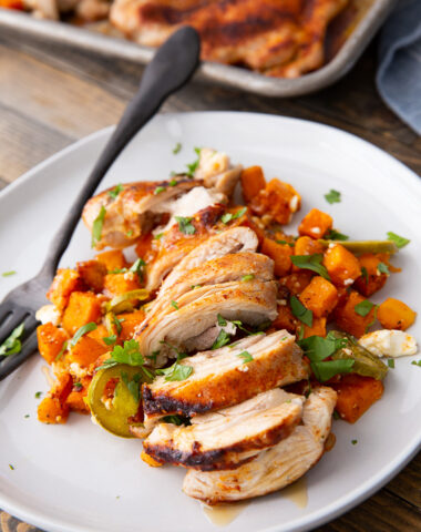 Sheet pan hot honey chicken with sweet potatoes feta and jalapenos