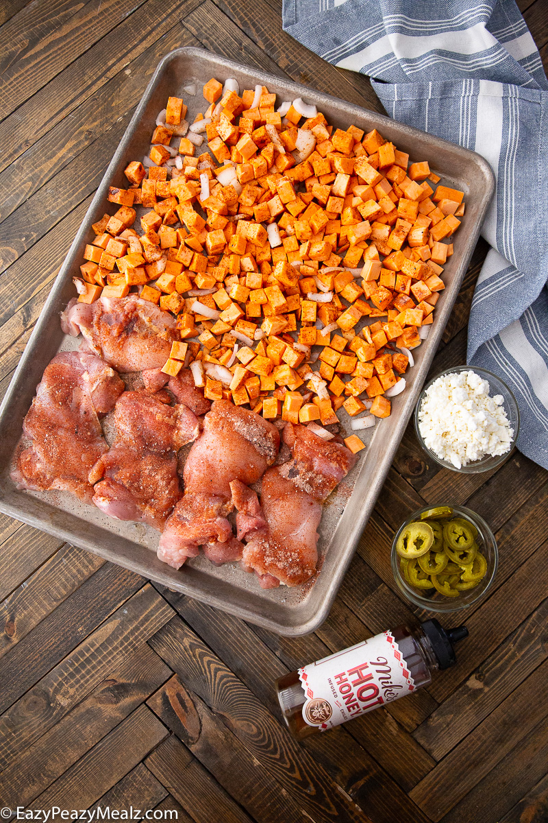 Making hot honey chicken and sweet potatoes