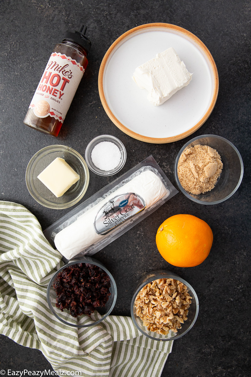 Ingredients for cranberry orange whipped goat cheese dip. 