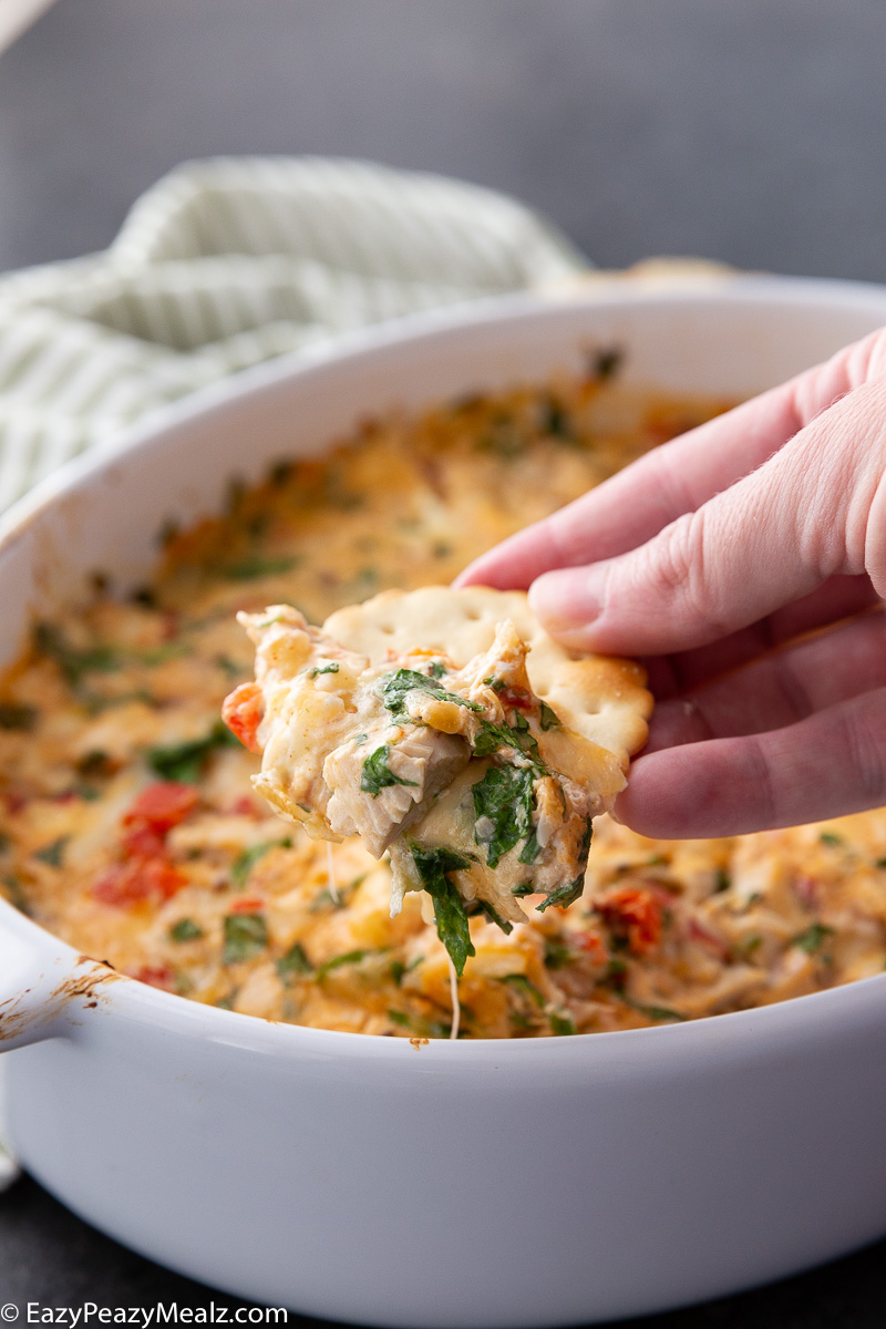 Marry Me Chicken Dip, a delicious cheese dip that is loaded with sun dried tomatoes, chicken, cheese, and more. 