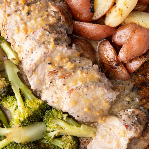 Sheet pan garlic butter maple dijon pork tenderloin