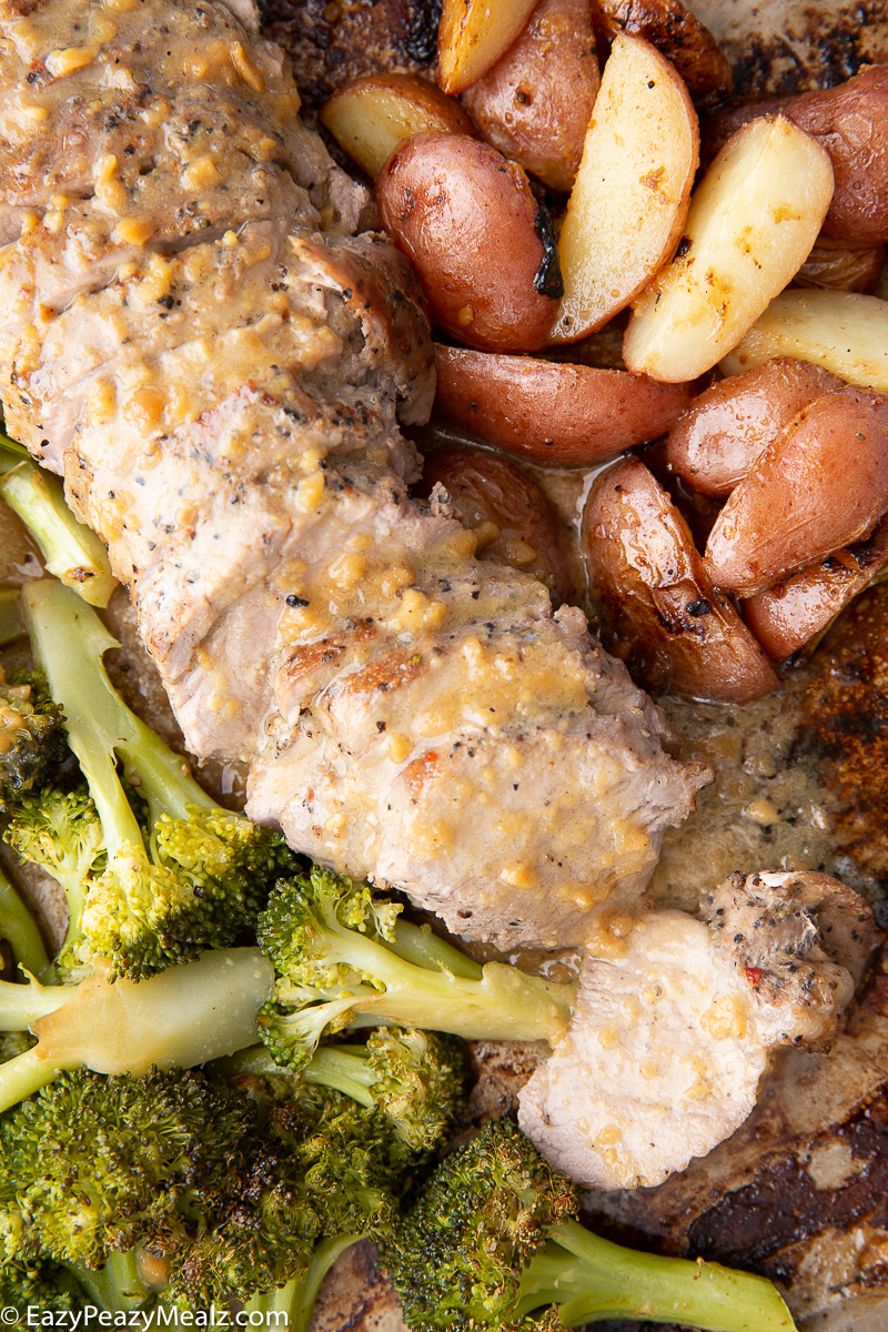 Sheet pan garlic butter maple dijon pork tenderloin
