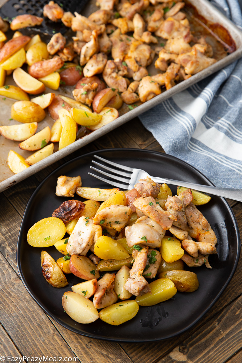 A plate of ranch chicken and potatoes, a simple sheet pan meal.
