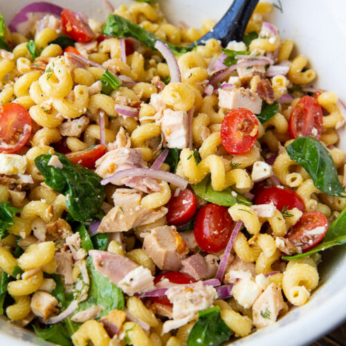 A big bowl of chicken pasta salad