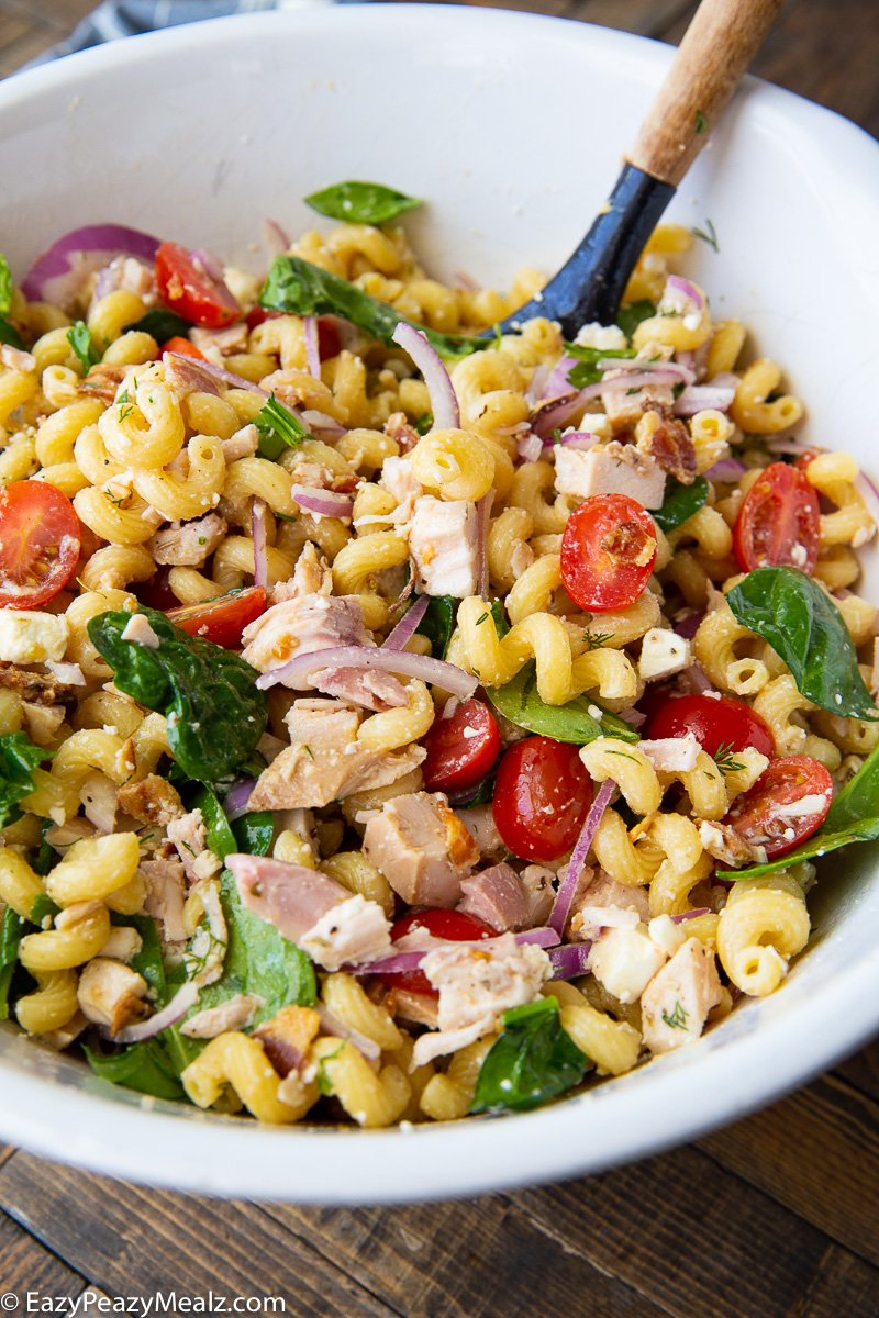 A big bowl of chicken pasta salad