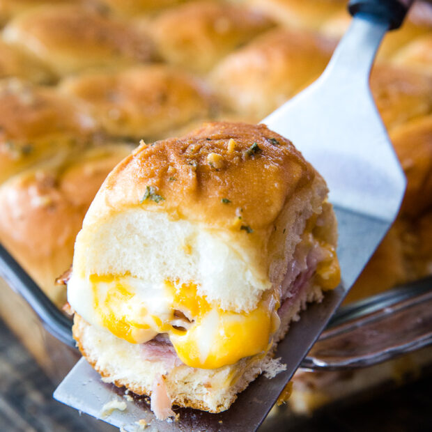 Club sandwich sliders, with melty cheese and layers of meat