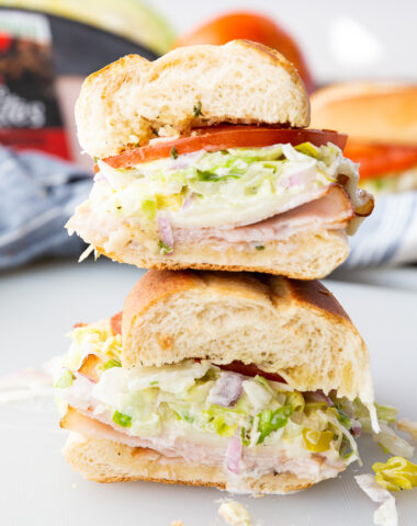 A tasty, messy, creamy, and crunchy grinder sub sandwich