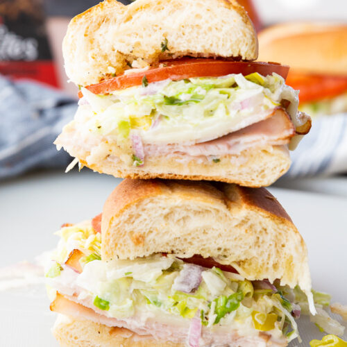 A tasty, messy, creamy, and crunchy grinder sub sandwich
