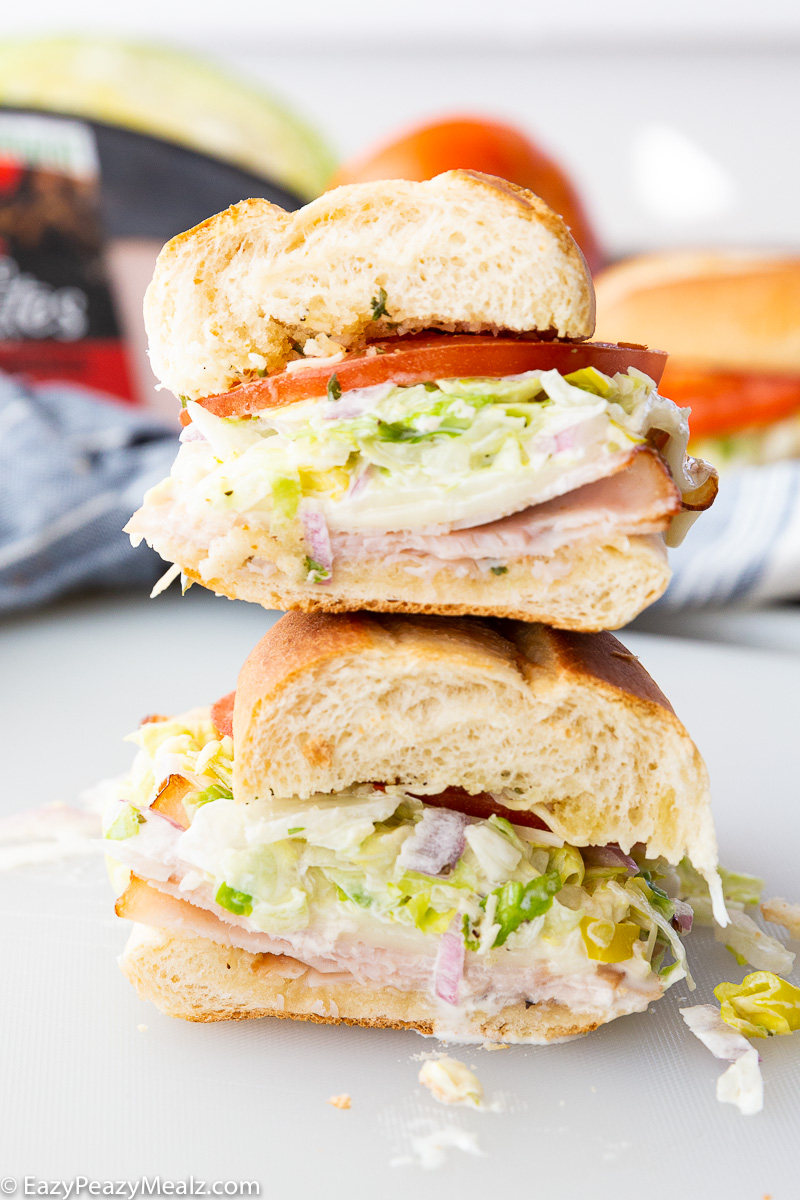 A tasty, messy, creamy, and crunchy grinder sub sandwich