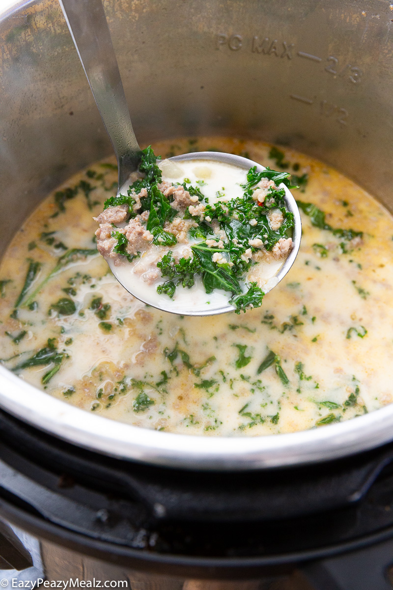 A pot of zuppa toscana made in the instant pot