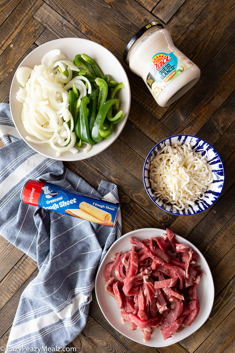 The ingredients needed for a Philly Cheesesteak Bake. 
