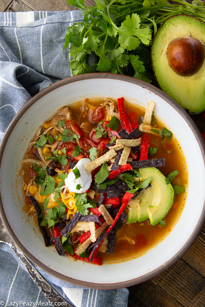 Chicken tortilla soup made in the slow cooker. 