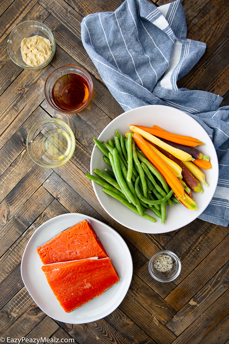 Ingredients needed for maple dijon salmon and vegetables