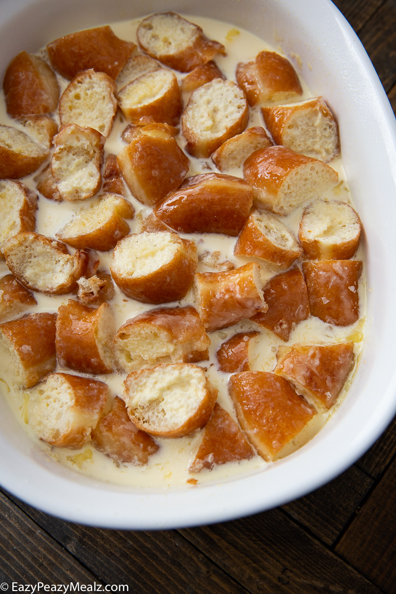 Making donut bread pudding