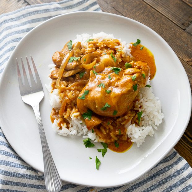 A plate of rice with slow cooker butter chicken