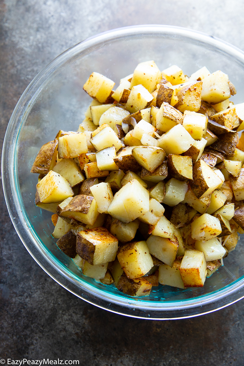 Roasting potatoes to make warm bacon potato salad