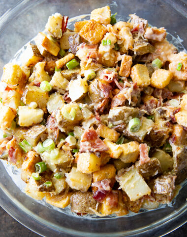 Warm bacon potato salad, a sweet tangy potato salad loaded with flavor.