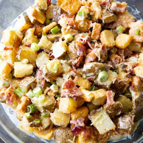 Warm bacon potato salad, a sweet tangy potato salad loaded with flavor.