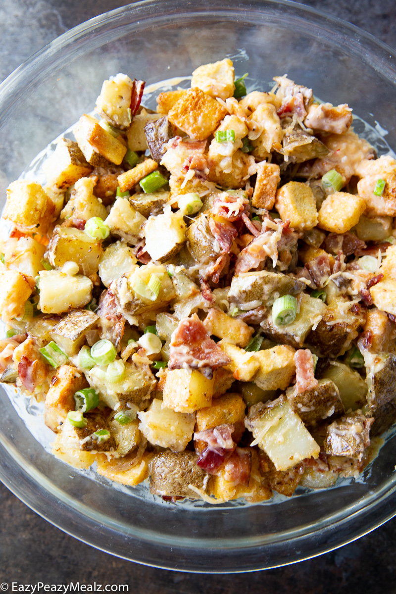 Warm bacon potato salad, a sweet tangy potato salad loaded with flavor. 