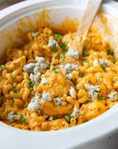 A crock pot full of buffalo chicken mac and cheese.